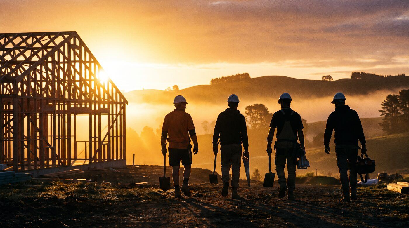 Construction crew walking across a building site at dawn