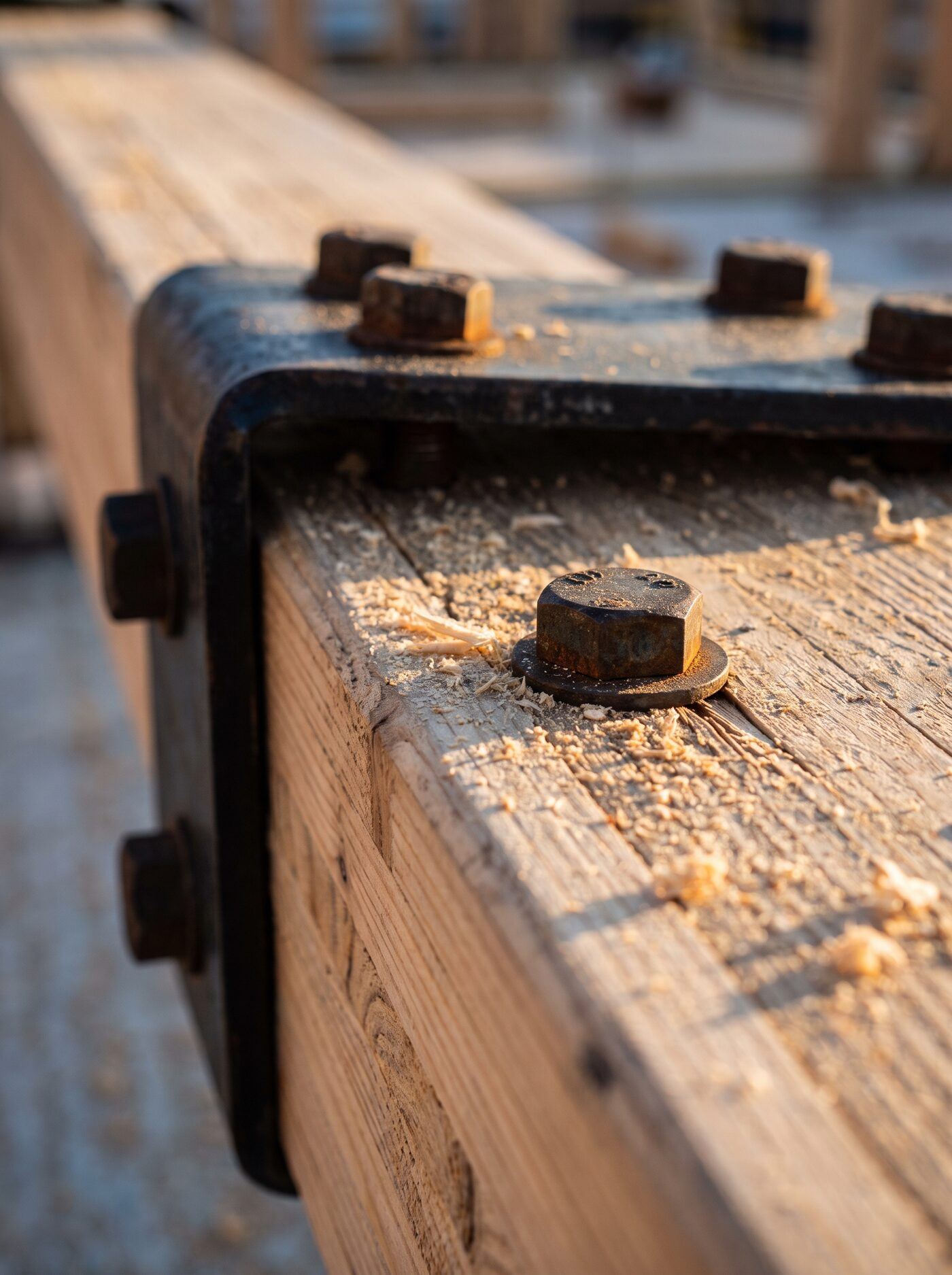 Close-up of a laminated timber beam connection with steel bracket