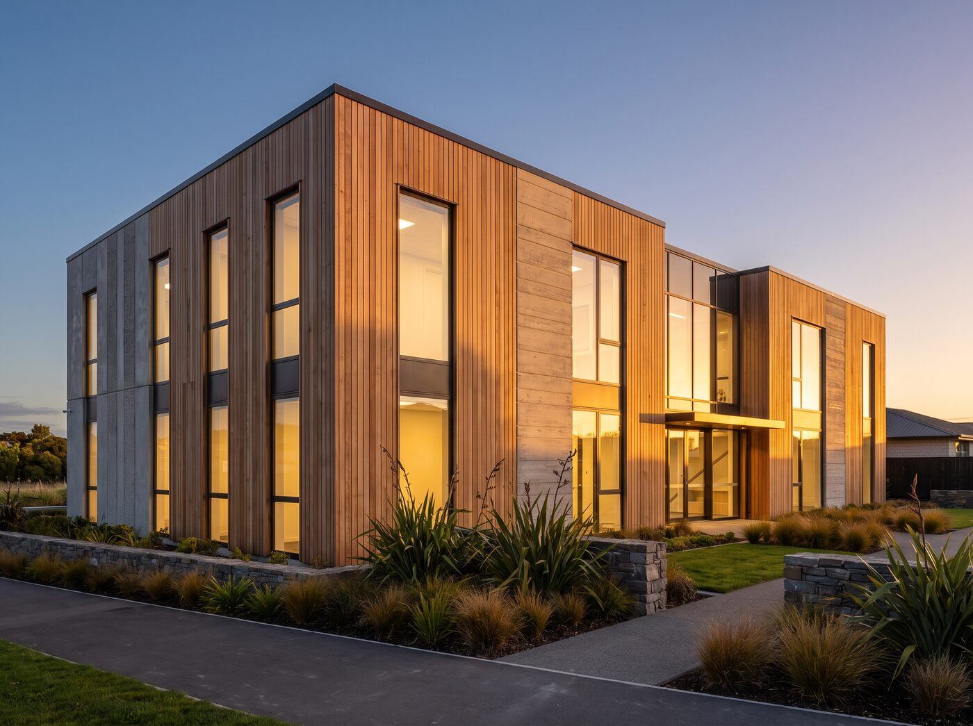 Completed commercial building with cedar cladding and glazing at dusk