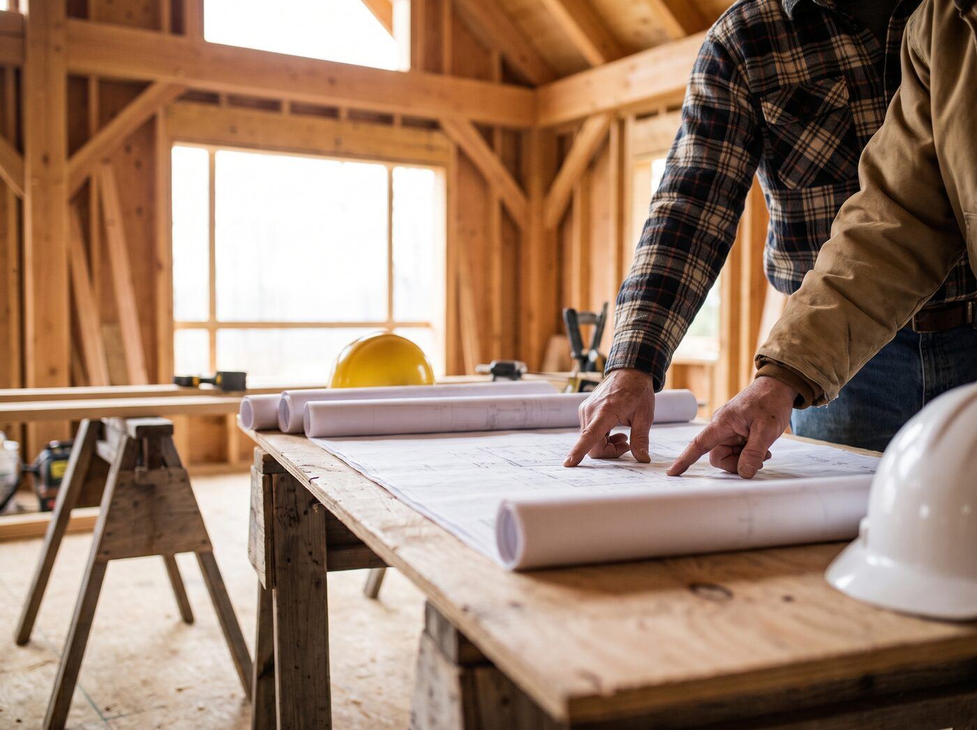 Builder and architect reviewing drawings inside a timber framed structure