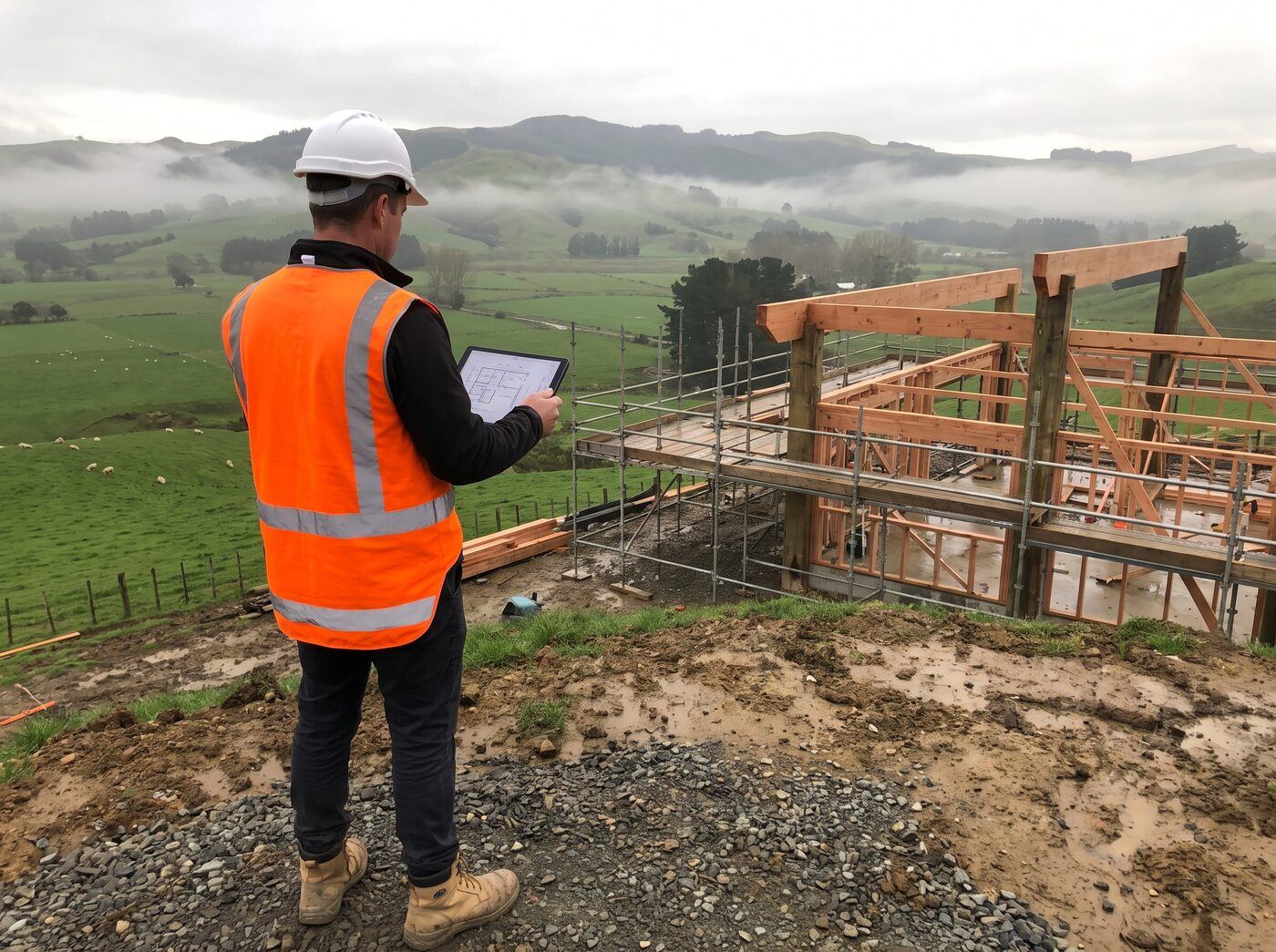 Site manager reviewing a tablet on a timber framed construction site