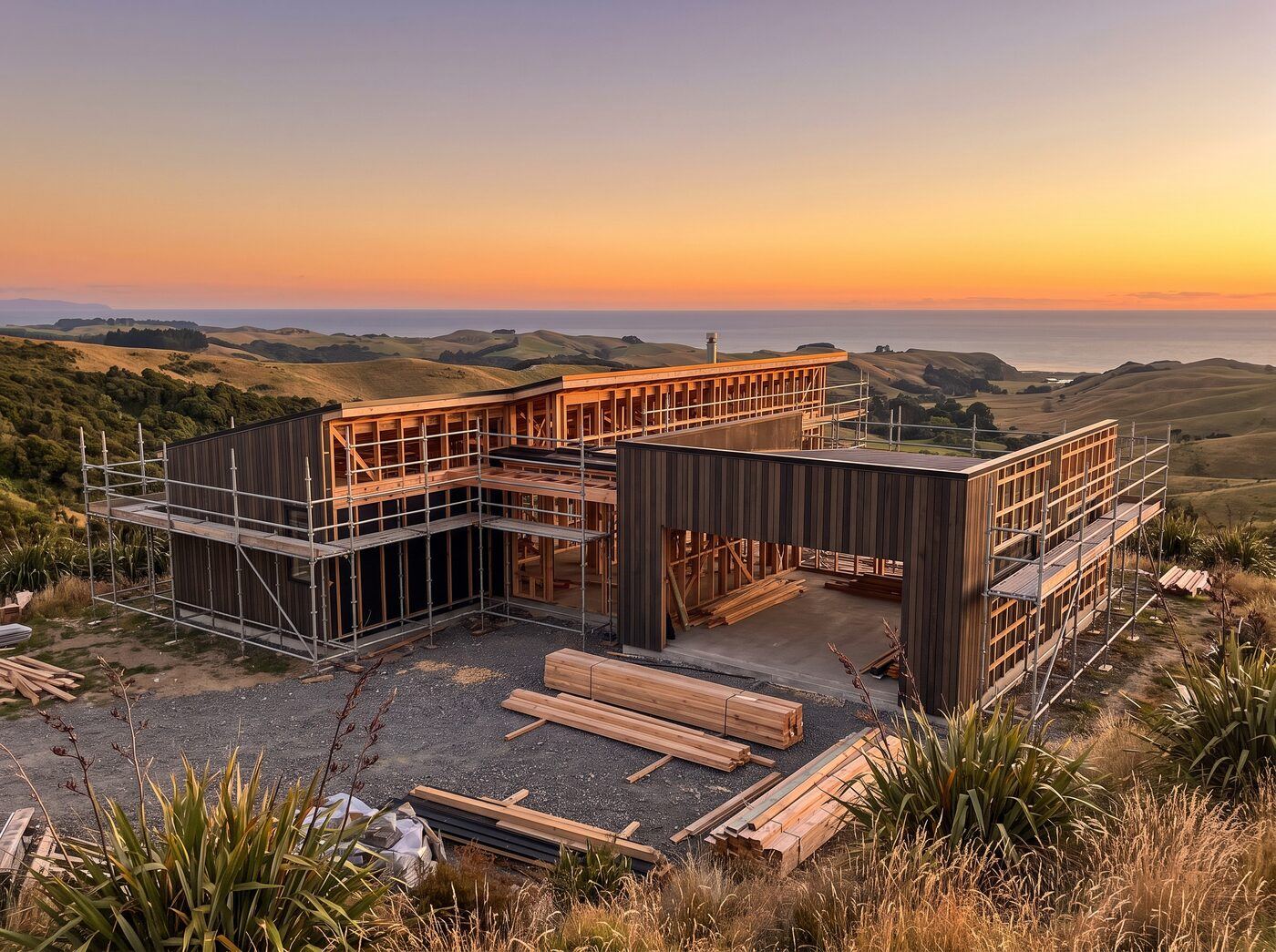 Architectural home under construction with dark cedar cladding